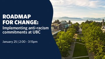 Aerial photo of UBC with overlaid text: Roadmap for Change: Implementing anti-racism commitments at UBC, January 25, 2 to 3:15 pm