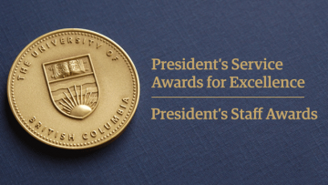 A UBC medal on a blue cloth, text: President's Service Awards for Excellence, President's Staff Awards