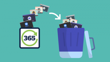 Video call browser windows grouped with an icon '365', with an arrow directing them into a trash can