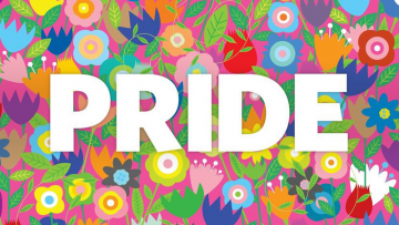 Pride in bold white letters, with a bright floral background