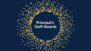 UBC blue background with wreath of gold spangles. Text in centre: Principal's Staff Awards